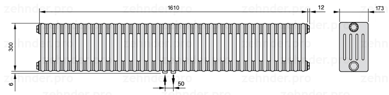 Схема (чертеж) Радиатор Zehnder Charleston 5030/35 №3470 Белый глянцевый RAL 9016